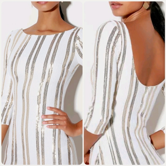 Lulu's White & Gold Sequin Striped Bodycon Dress - Picture 2 of 3